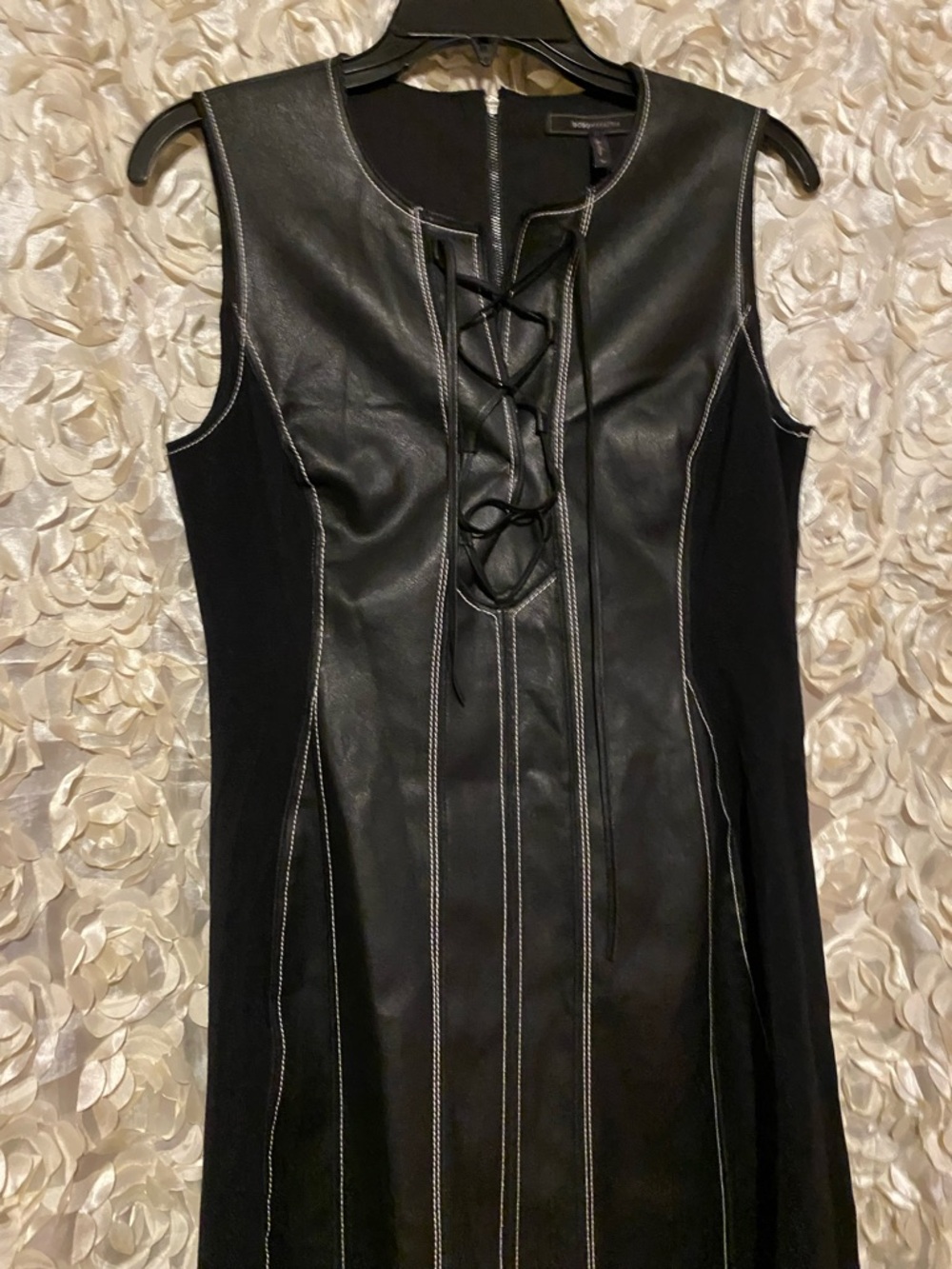 BCBGMaxAzria Black Faux Leather-Front Sleeveless Dress